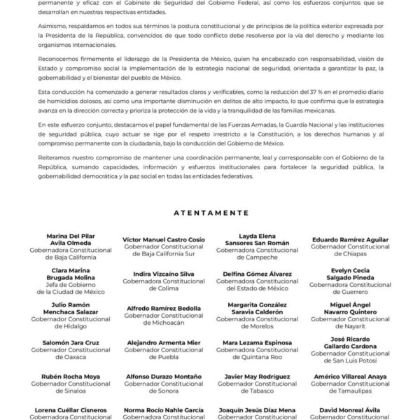 Respaldo de gobernadores de la 4T a la presidenta Claudia Sheinbaum