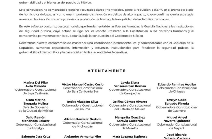 Respaldo de gobernadores de la 4T a la presidenta Claudia Sheinbaum