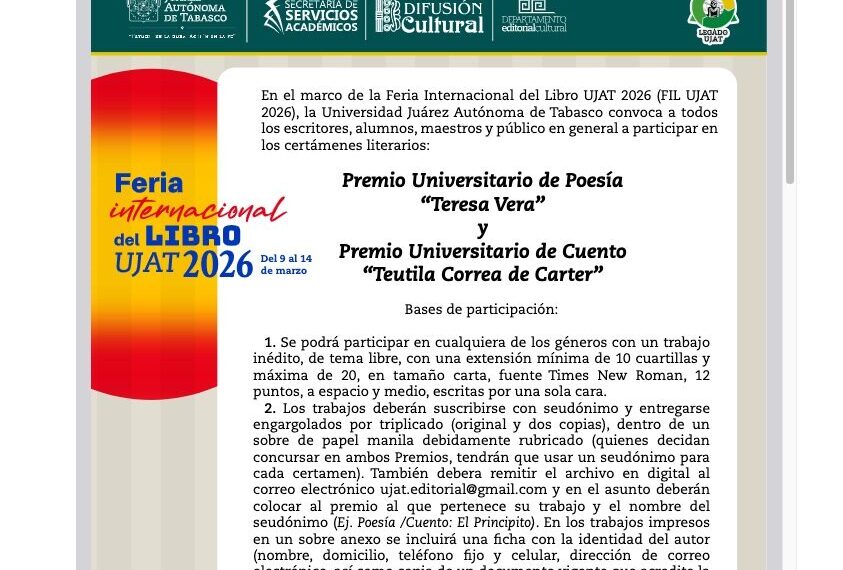 Convoca UJAT a participar en certámenes culturales de Festejos Juaristas y Feria Internacional del Libro 2026
