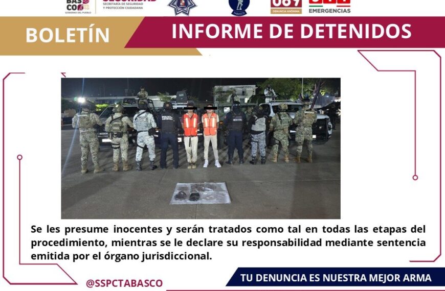 Asegura SSPC y FIRT Olmeca a tres masculinos por delito contra la Ley General de Salud en Centro