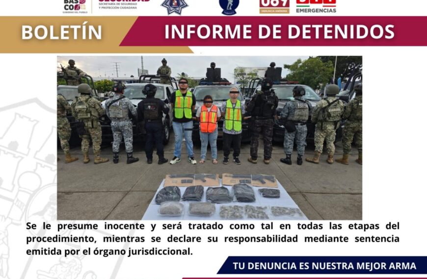 Tres personas detenidas como presuntas responsables de delitos contra la Ley General de Salud y la Ley Federal de Armas de Fuego y Explosivos, en Centro