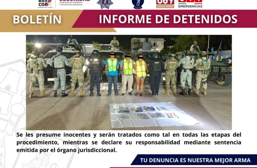 Detienen SSPC y FIRT Olmeca a tres personas por delitos contra la Ley General de la Salud