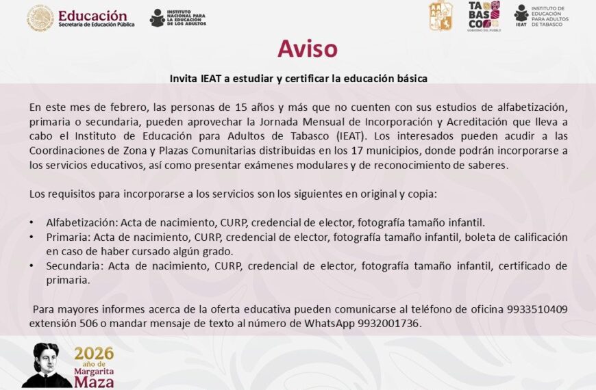 Invita IEAT a estudiar y certificar la educación básica