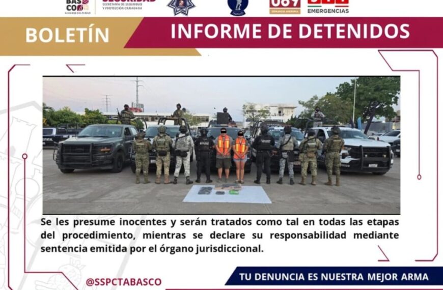 FIRT Olmeca detiene a dos personas por delitos contra la salud y portación de arma de fuego en Centro