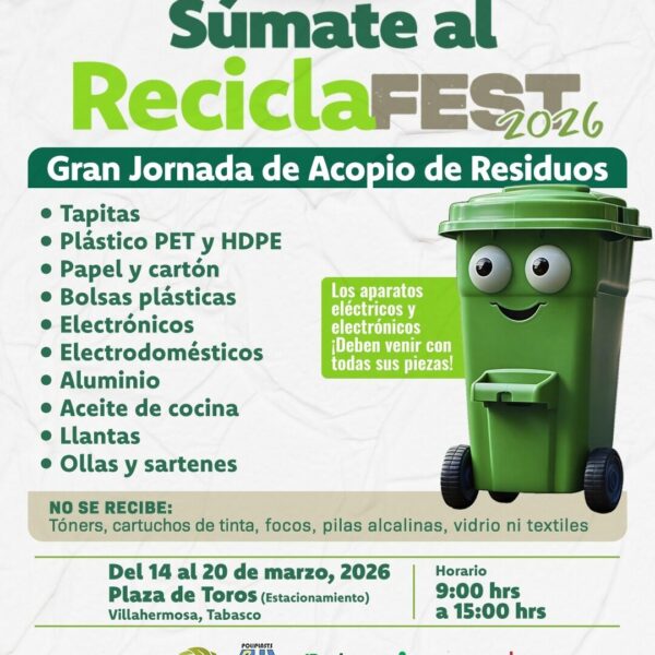 Pondrá en marcha SEMADES “Recicla Fest 2026” para recopilar plástico, papel, cartón, electrodomésticos, aluminio, aceite de cocina usado, llantas y ollas