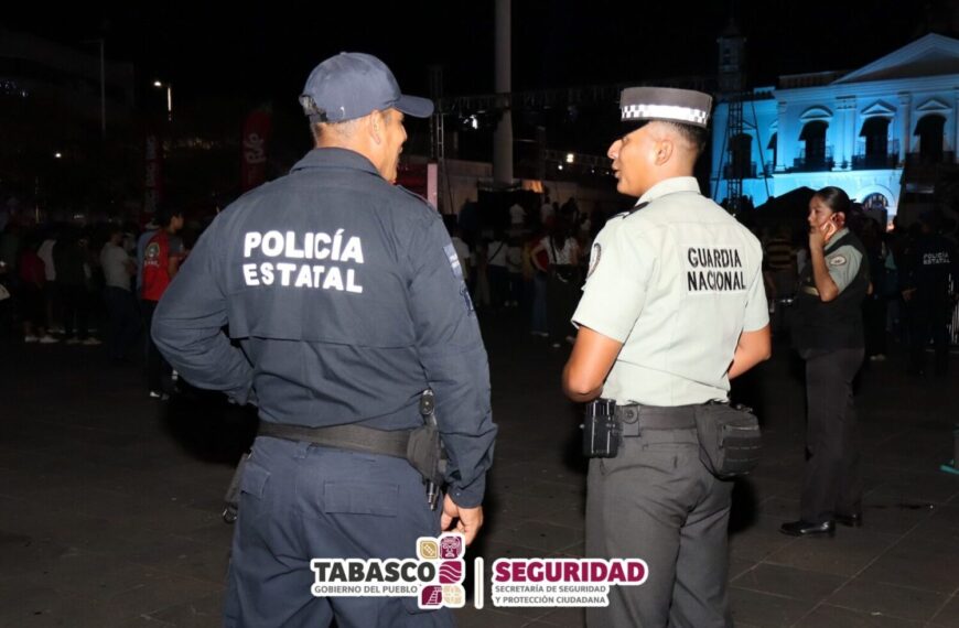 Refuerzan seguridad en Plaza de Armas durante presentación de representantes de la Feria Tabasco 2026