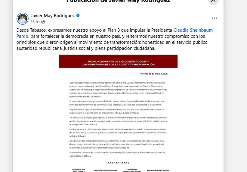 Respaldo desde Tabasco al “Plan B” de Claudia Sheinbaum