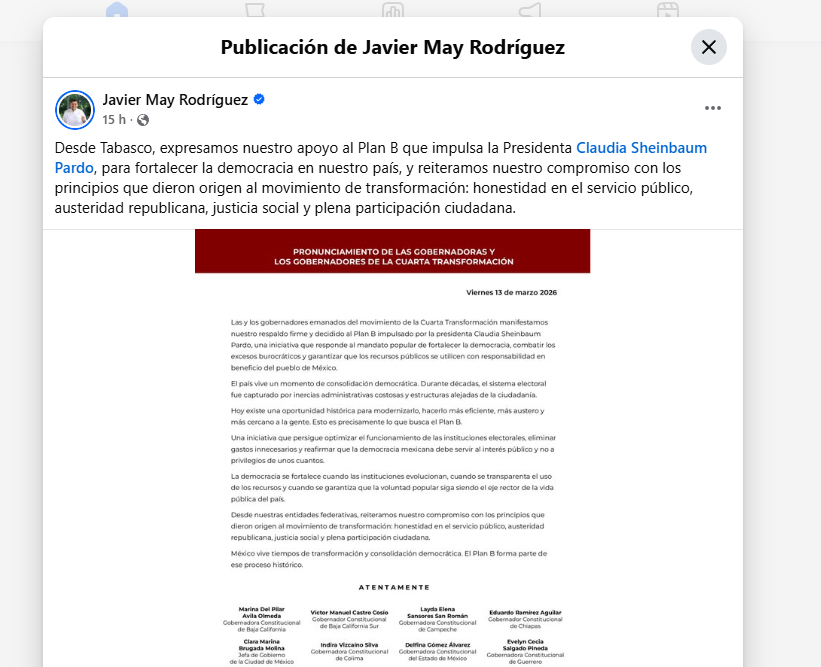 Respaldo desde Tabasco al “Plan B” de Claudia Sheinbaum