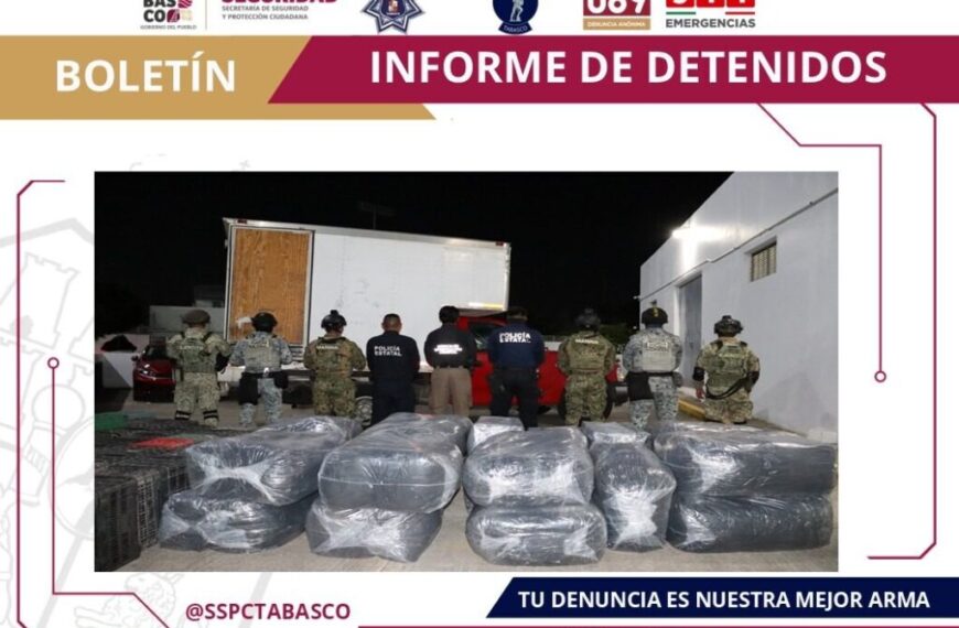 Autoridades interceptan casi media tonelada de droga en Tabasco