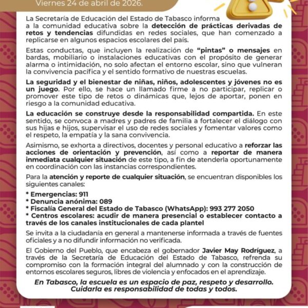 Llaman autoridades educativas de Tabasco a frenar retos virales que afectan escuelas