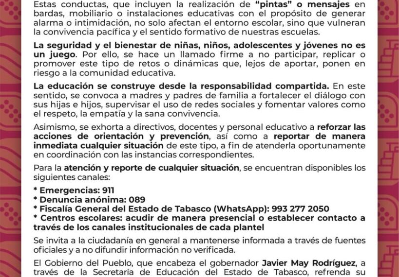 Llaman autoridades educativas de Tabasco a frenar retos virales que afectan escuelas