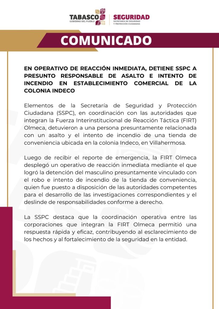 En operativo de reacción inmediata, detiene SSPC a presunto responsable de asalto e intento de incendio en establecimiento comercial de&hellip;