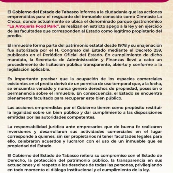 COMUNICADO SOBRE EL INMUEBLE GIMNASIO LA CHOCA