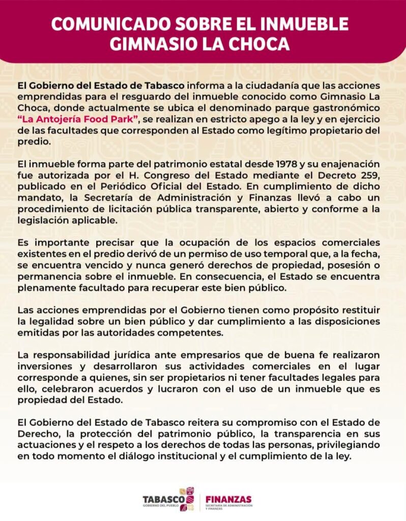 COMUNICADO SOBRE EL INMUEBLE GIMNASIO LA CHOCA