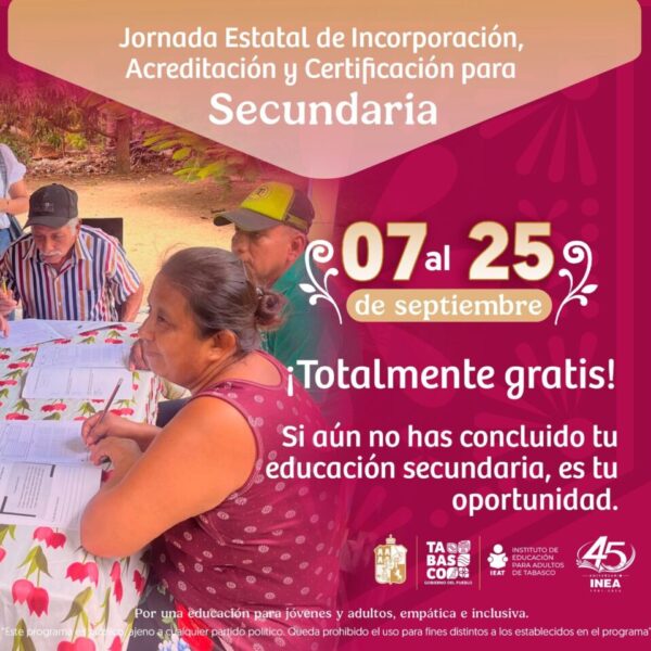 Aviso: Invita IEAT a estudiar y certificar la secundaria