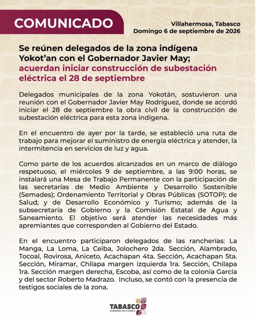 Se reúnen delegados de la zona indígena Yokot’an con el Gobernador Javier May; acuerdan iniciar construcción de subestación eléctrica el…