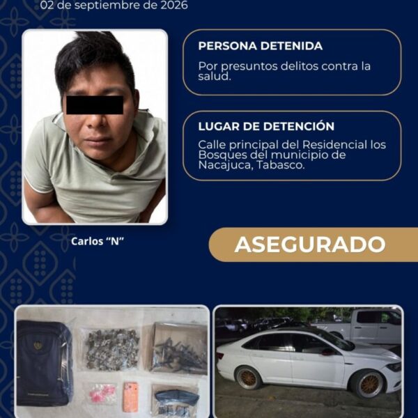 Asegura SSPC a masculino con droga, cartuchos y poncha llantas en Nacajuca