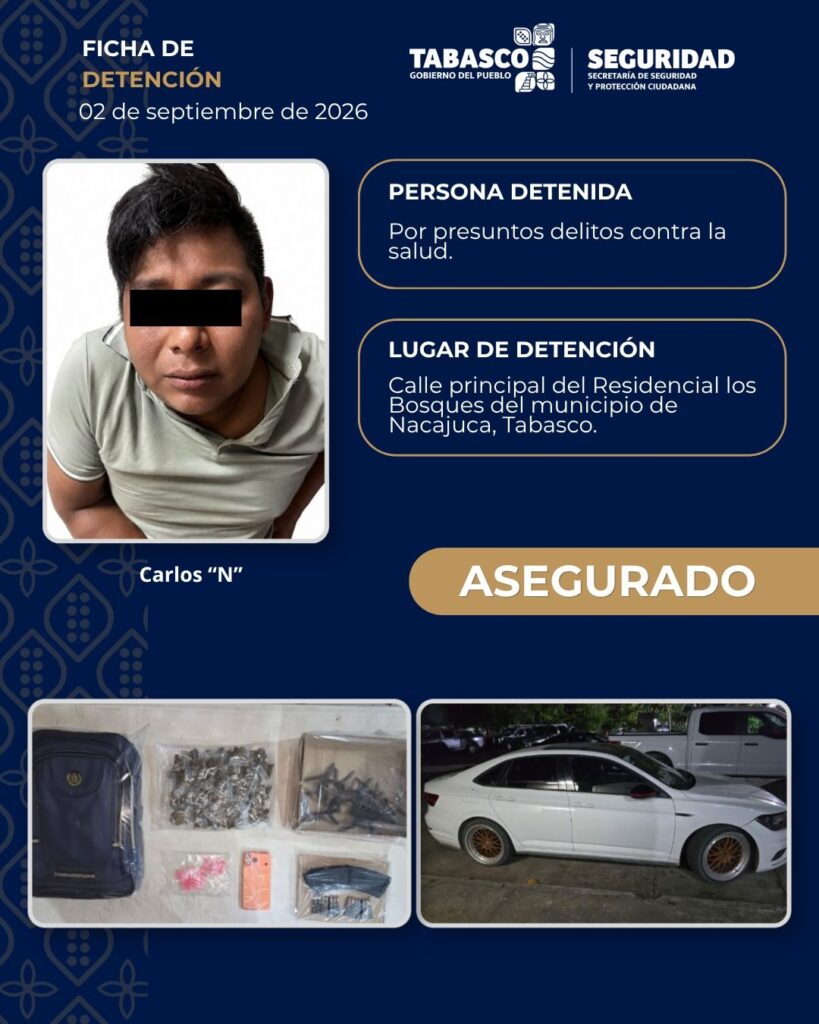 Asegura SSPC a masculino con droga, cartuchos y poncha llantas en Nacajuca