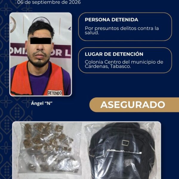 Asegura SSPC a masculino con enervantes en Cárdenas