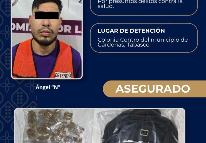 Asegura SSPC a masculino con enervantes en Cárdenas