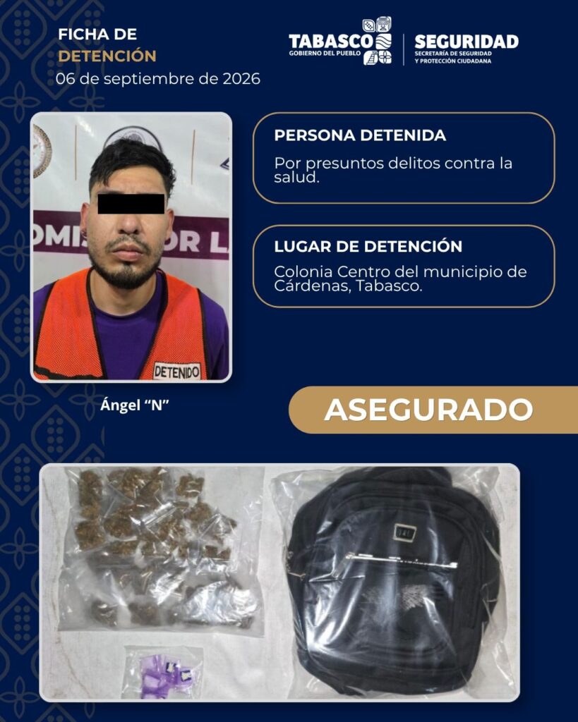 Asegura SSPC a masculino con enervantes en Cárdenas
