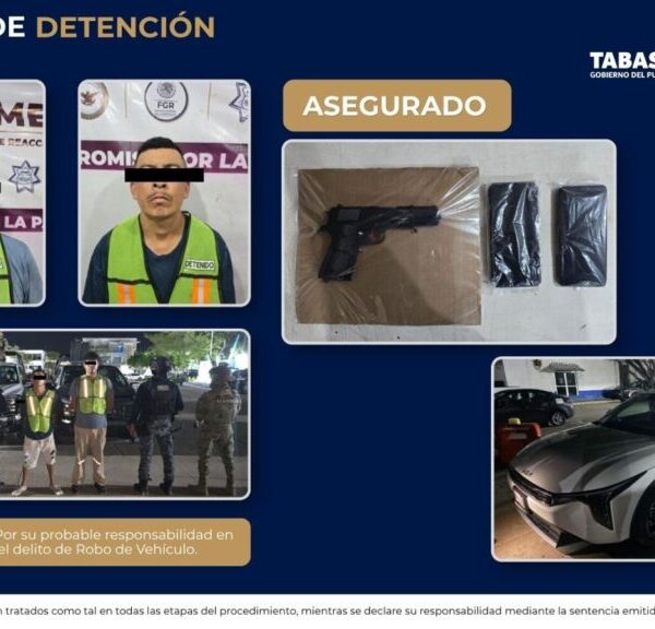 Detiene SSPC a dos masculinos por robo de vehículo en Cunduacán