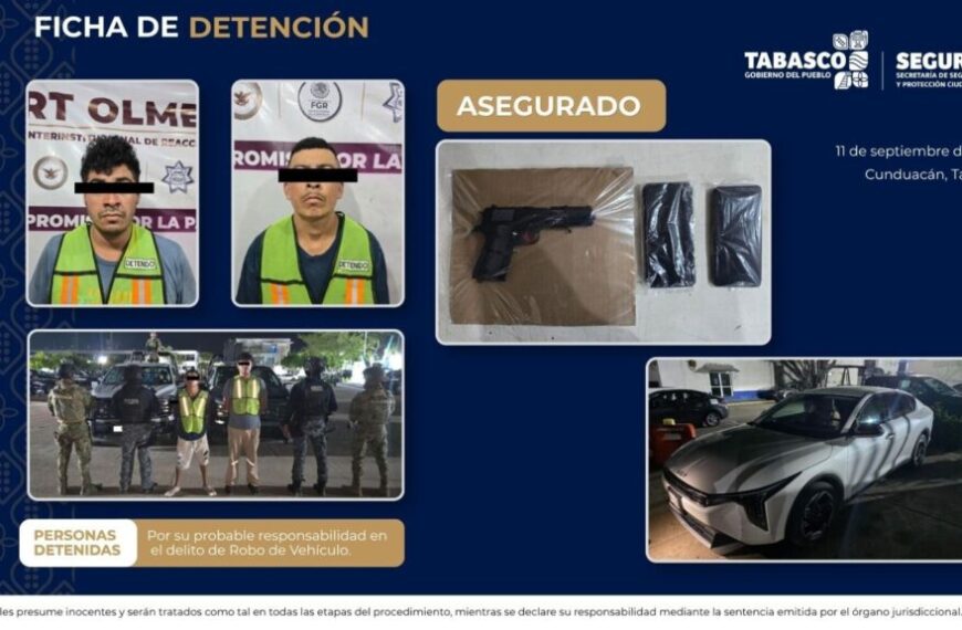 Detiene SSPC a dos masculinos por robo de vehículo en Cunduacán
