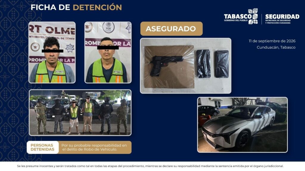 Detiene SSPC a dos masculinos por robo de vehículo en Cunduacán