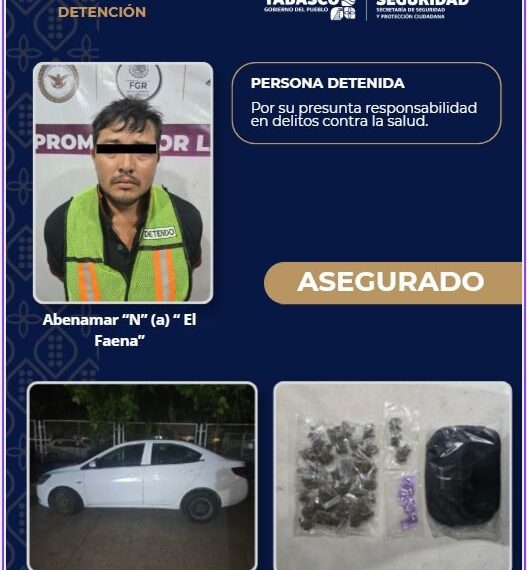 Detiene SSPC a presunto implicado en delitos contra la salud y aseguran vehículo, droga y equipo táctico