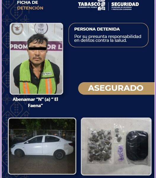 Detiene SSPC a presunto implicado en delitos contra la salud y aseguran vehículo, droga y equipo táctico