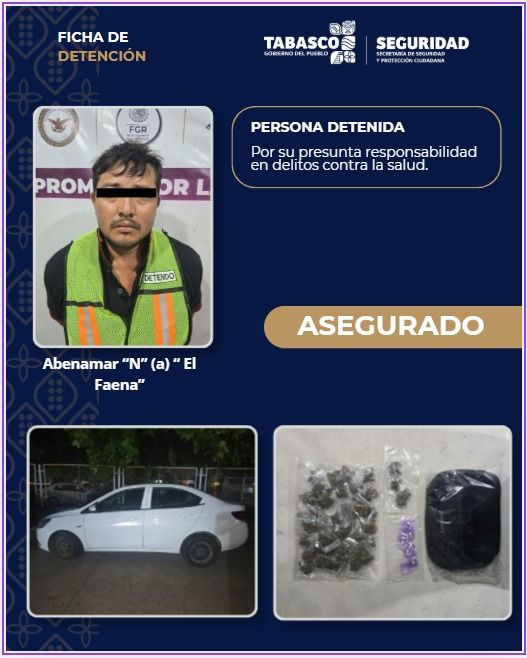 Detiene SSPC a presunto implicado en delitos contra la salud y aseguran vehículo, droga y equipo táctico
