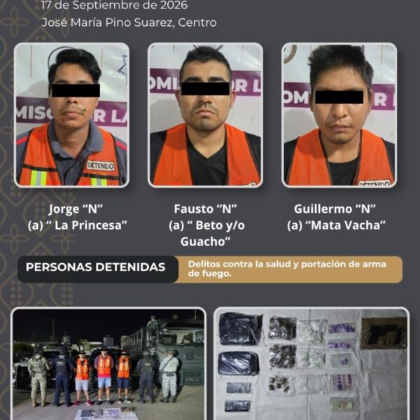 Tres personas detenidas por delitos contra la salud y portación de armas: SSPC