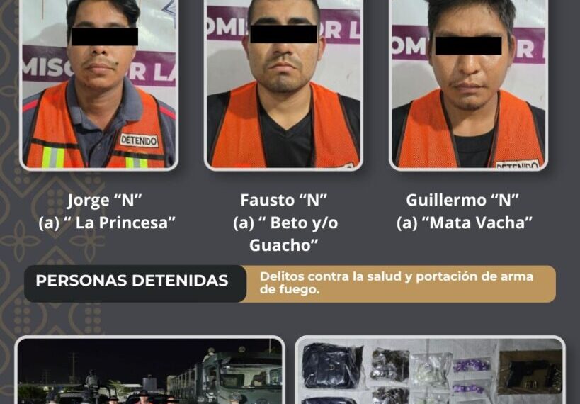 Tres personas detenidas por delitos contra la salud y portación de armas: SSPC