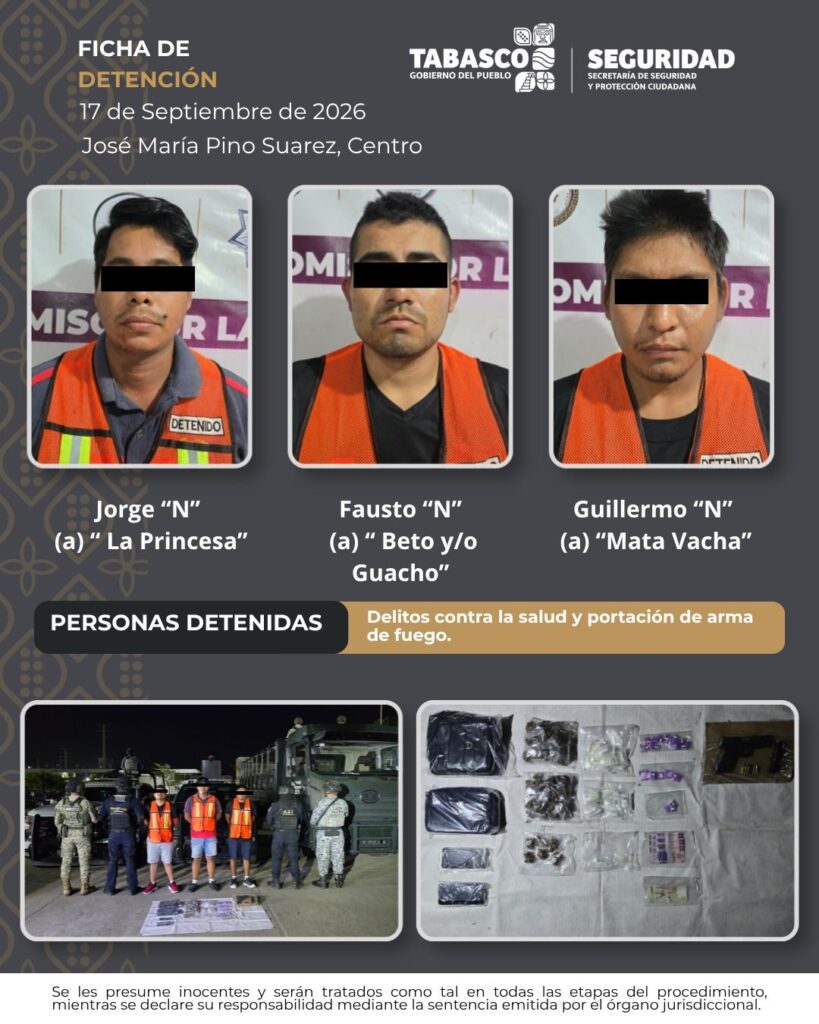 Tres personas detenidas por delitos contra la salud y portación de armas: SSPC
