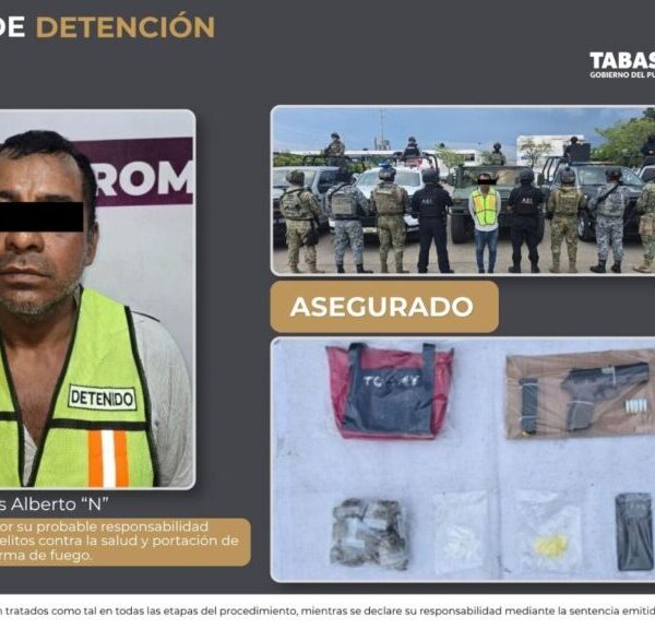 Detiene SSPC a masculino por delitos contra la salud y portación de arma de fuego en Centro