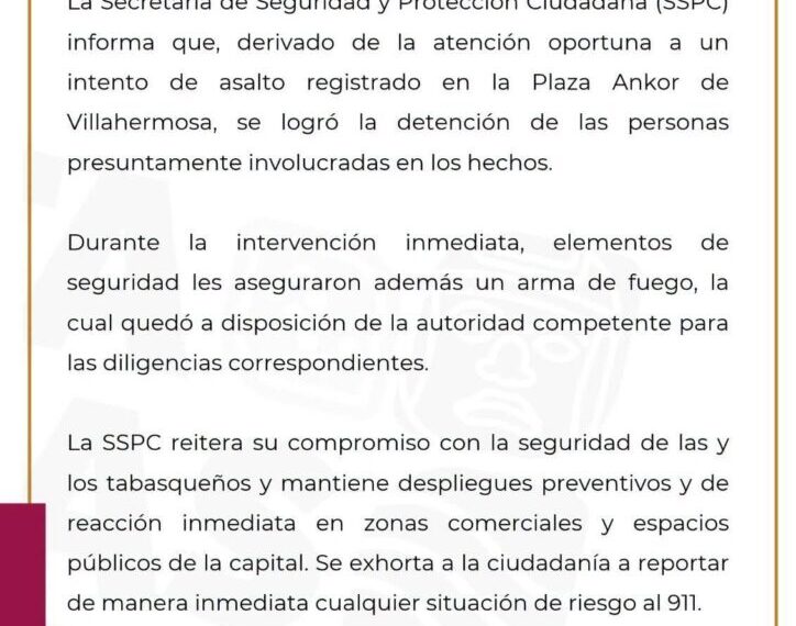 Detienen a involucrados enintento de asalto en Plaza Ankor