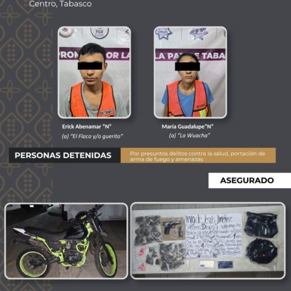 Detiene SSPC a dos personas por delitos contra la salud, portación de arma de fuego y amenazas