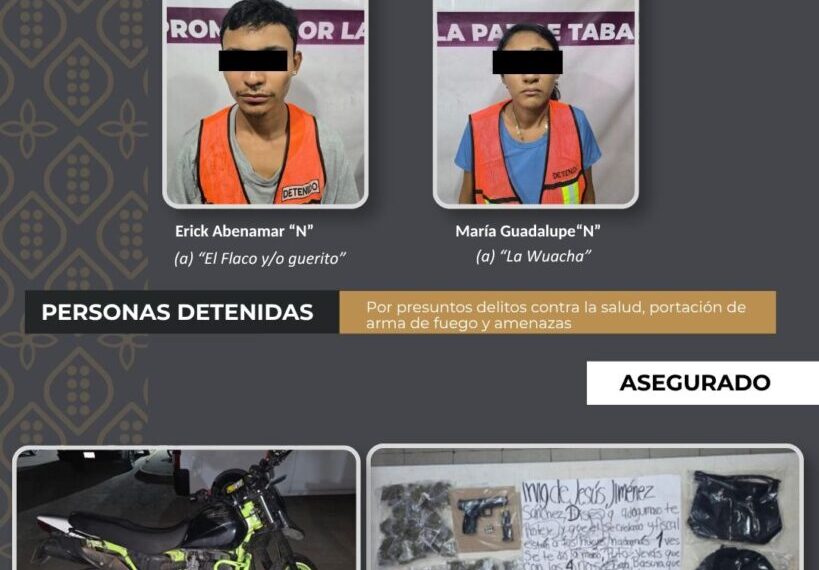 Detiene SSPC a dos personas por delitos contra la salud, portación de arma de fuego y amenazas