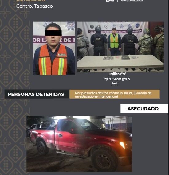 La SSPC detiene a un sujeto con droga en el municipio de Centro