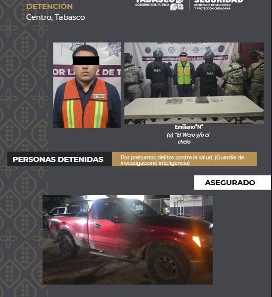 La SSPC detiene a un sujeto con droga en el municipio de Centro