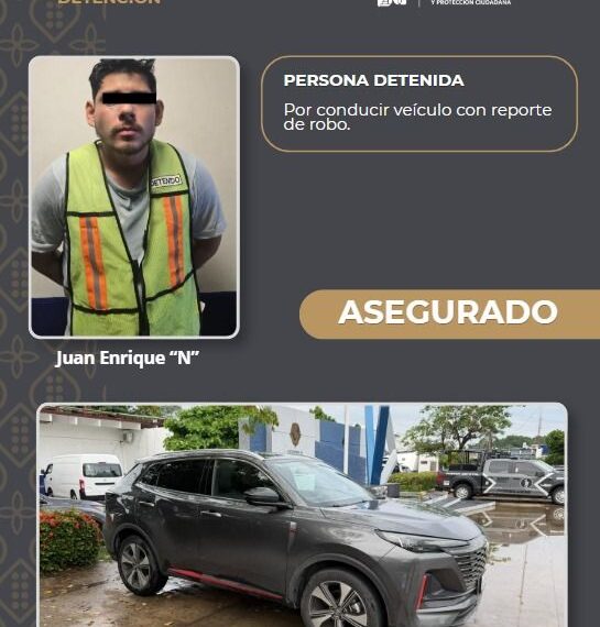 Detiene SSPC a un sujeto por conducir vehículo con reporte de robo en el municipio de Centro