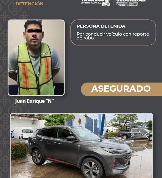 Detiene SSPC a un sujeto por conducir vehículo con reporte de robo en el municipio de Centro