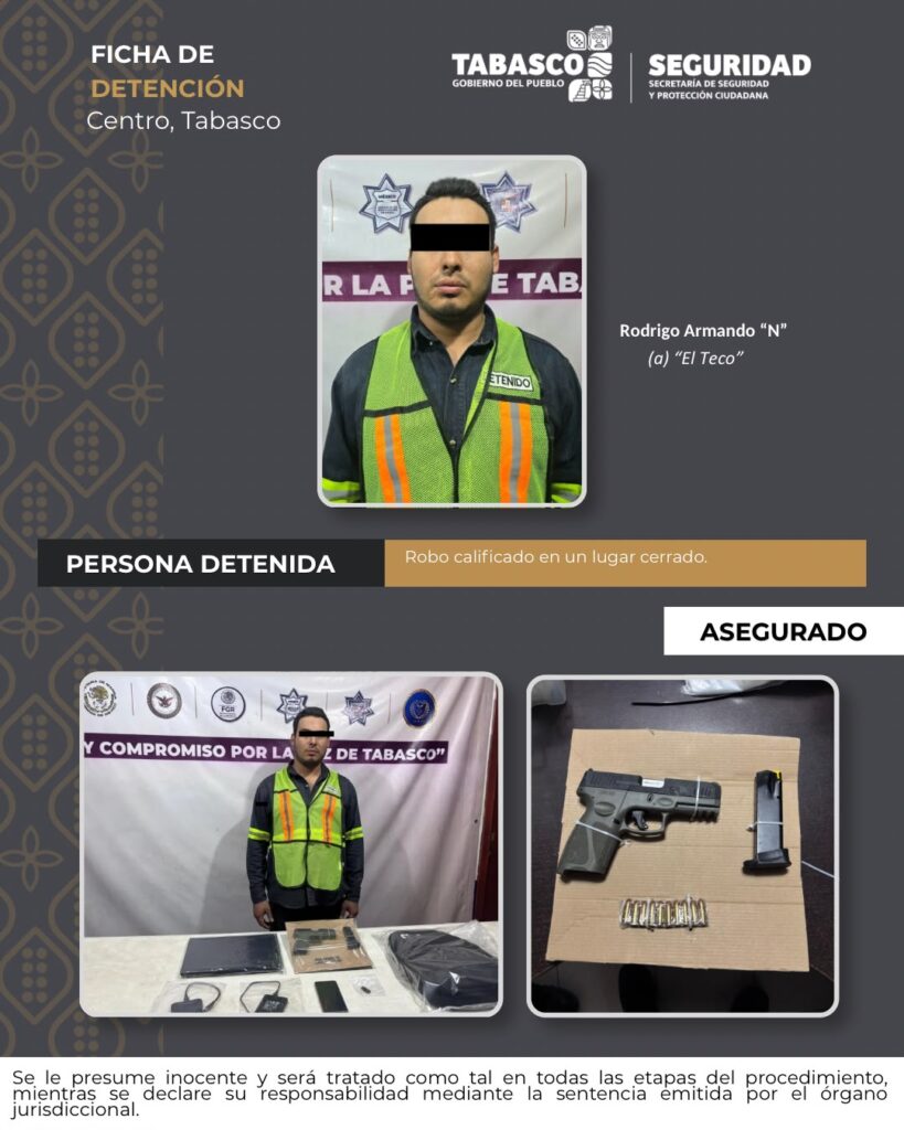 SSPC detiene a un sujeto por robo calificado en el municipio de Centro