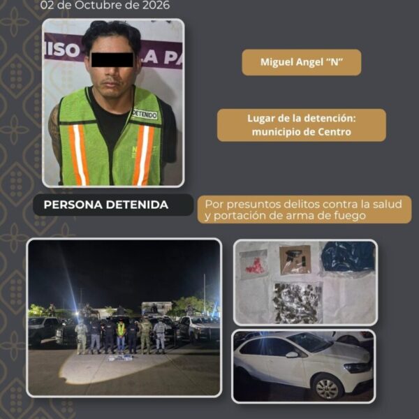 SSPC detiene a masculino por delitos contra la salud y portación de arma de fuego en el municipio de Centro