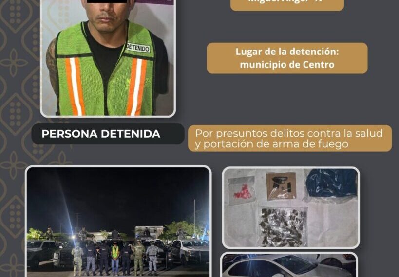 SSPC detiene a masculino por delitos contra la salud y portación de arma de fuego en el municipio de Centro